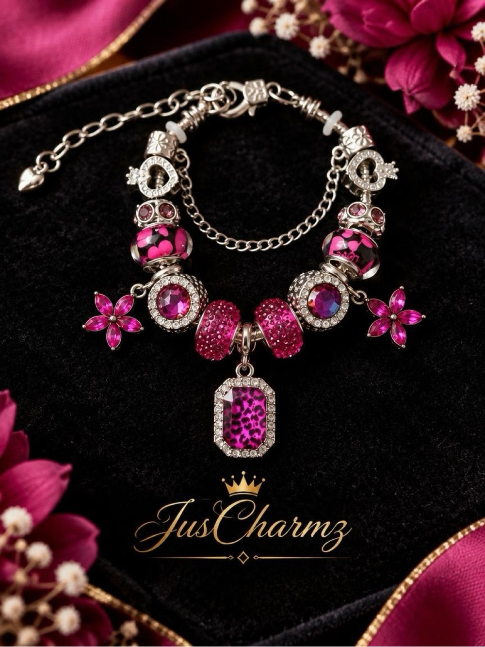 Magenta Pink Leopard Charm Bracelet